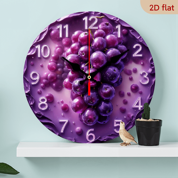 2D Flat 1pc 10Inch Artificial Wood Vintage Grape Wall Clock - Silent Quartz Movement, Purple Grape Green Leaf Wine-Themed Round Clock with White Hands Black Numerals for Living Room, Kitchen, Dorm