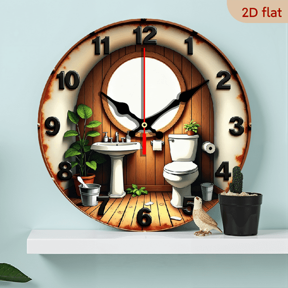 2D Flat 1pc 10Inch Bathroom-Themed Silent Non-Ticking Wall Clock - Vintage Bathroom Decor with Toilet, Sink Wooden Walls - Easy-to-Read Black Numbers - Perfect for Kitchen