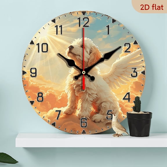 2D Flat 1pc 10Inch Charming Angel Dog Wooden Wall Clock - Non-Ticking, Easy to Read, Battery Operated, Rustic Country Style for Living Room, Kitchen, Bedroom Decor (AA Battery Not Included)