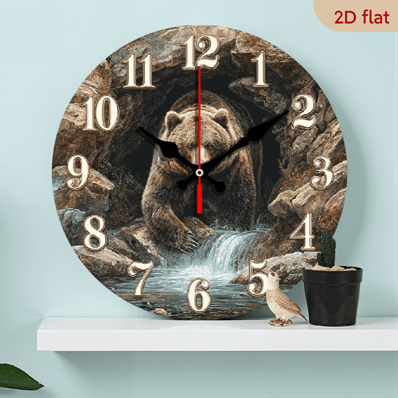 2D Flat 1pc 10Inch Charming Brown Bear Wooden Wall Clock - Silent, Easy-to-Read Design for Kitchen, Bedroom, Office - Farmhouse Decor, Battery Not Included