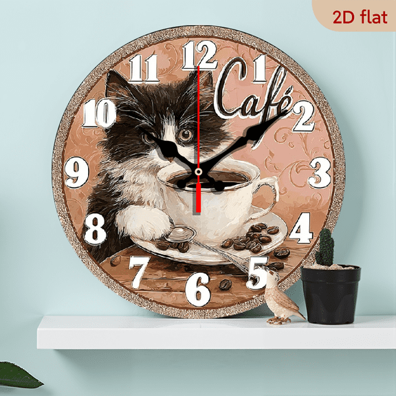 2D Flat 1pc 10Inch Charming Cat with Coffee Cup Wall Clock - Non-Ticking Wooden Round Design, Perfect for Kitchen, Home Office, or Studio Decor, Cat Decor