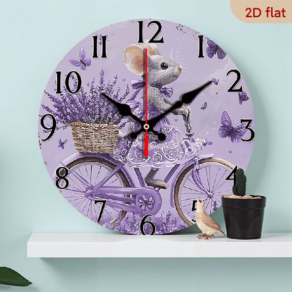 2D Flat 1pc 10Inch Charming Lavender Mouse Bicycle Wall Clock - Non-Ticking Wooden Round Clock with Butterfly Floral Design, Perfect for Kitchen, Bedroom, Living Room, Stairwell