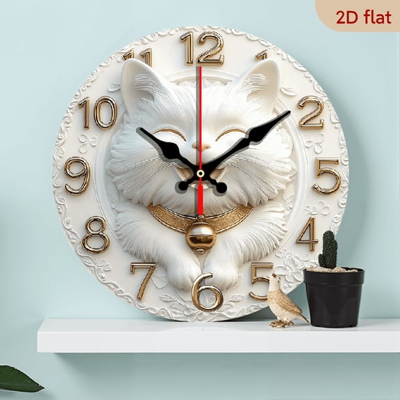 2D Flat 1pc 10Inch Charming Lucky Cat Wooden Wall Clock - Silent, Easy-to-Read Design for Kitchen, Bedroom, Office - Farmhouse Style Home Decor, Battery Not Included