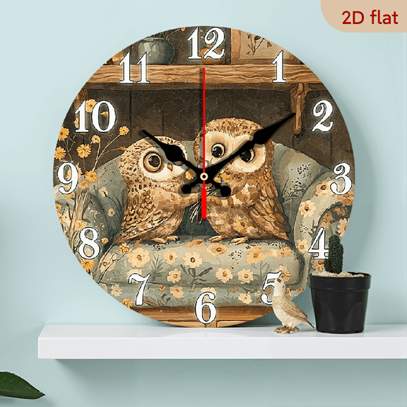2D Flat 1pc 10Inch Charming Owl Couple Floral Wall Clock - Wooden Round Clock with Rustic Design for Dining Room, Hallway, Study, Home Office, Balcony Owl Home Deco