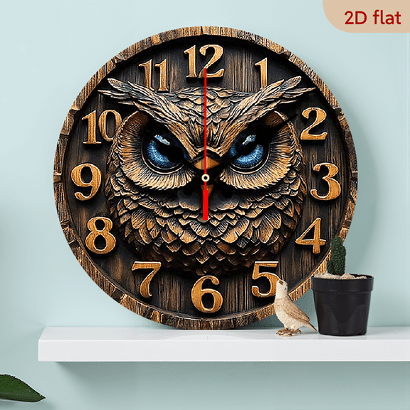 2D Flat 1pc 10Inch Charming Rustic Owl Wall Clock with Wood Veneer Finish Silent, Round, Battery Operated (AA Not Included) Ideal for Living Room, Bedroom, Kitchen Decor Seaside Home Accent