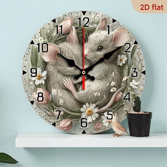 2D Flat 1pc 10Inch Charming Wooden Wall Clock with Adorable Mice Floral Design Non Ticking, Battery Operated Perfect for Dining Room, Hallway, Study, Home Office, Balcony Sizes