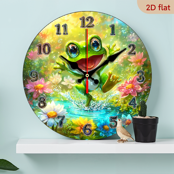 2D Flat 1pc 10Inch Charming Wooden Wall Clock with Fantasy Frog Design - Perfect for Kitchen, Office Coffee Shop Decor Classic Home Art, Battery-Operated (AA Not Included)
