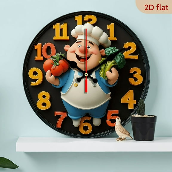 2D Flat 1pc 10Inch Chef Theme Wooden Round Wall Clock, Farmhouse Style Home Decor for Kitchen, Bedroom, Office, Easy-to-Read, Silent Operation, Battery Operated