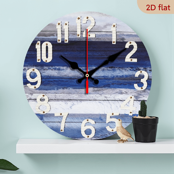 2D Flat 1pc 10Inch Coastal Blue Ocean Wall Clock with Numerals - Silent Japanese Quartz Movement, Rustic Wooden Frame, Battery-Operated - Large Display for Kitchen, Living Room