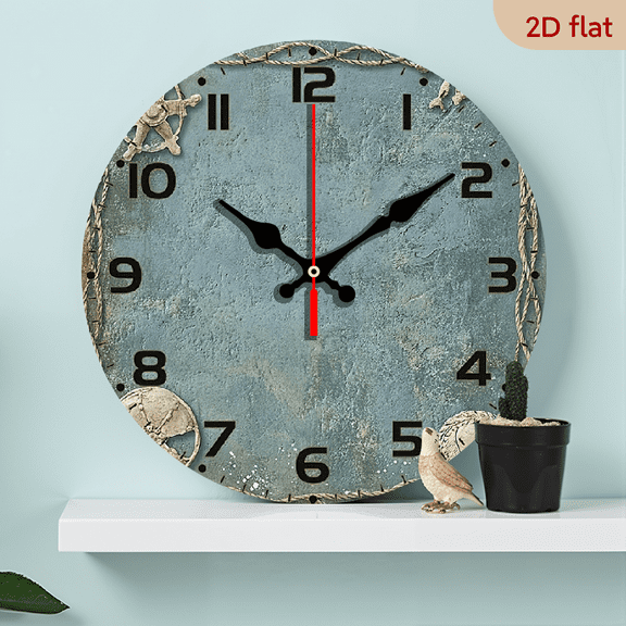2D Flat 1pc 10Inch Coastal Charm Silent Round Wooden Wall Clock Rustic Wood Veneer Finish with Distressed Texture Embedded Shells, Flat Crown Design, AA Battery Powered (Not Included)