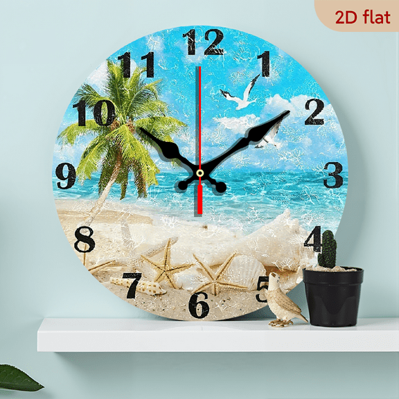 2D Flat 1pc 10Inch Coastal Coconut Tree Beach-Themed Silent Wall Clock - Wooden, Round, Battery Operated (AA Not Included) - Perfect for Home Decor Gifts