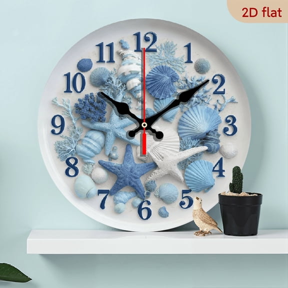 2D Flat 1pc 10Inch Coastal Nautical Wooden Wall Clock - 10 Inch Round Battery Operated (AA Not Included) with Seashell Starfish Design, Easy-Read White Numerals, Farmhouse Home Decor for Kitchen