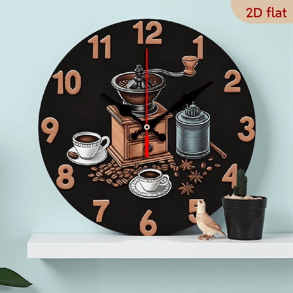 2D Flat 1pc 10Inch Coffee Themed Silent Non Ticking Wooden Wall Clock Modern Farmhouse Decor with Coffee Beans, Grinder Espresso Machine Design Easy to Read Black Brown Face Artificial Wood Round