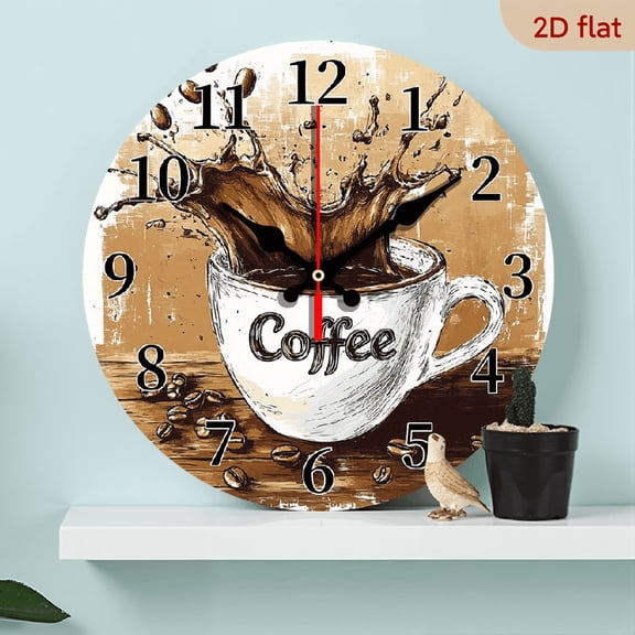 2D Flat 1pc 10Inch Coffee-Themed Wall Clock with Coffee Cup Beans Design - Silent Non-Ticking Modern Brown AnalogClock for Kitchen, Living Room - Durable Wood Construction, Ideal Gift for Coffee Love