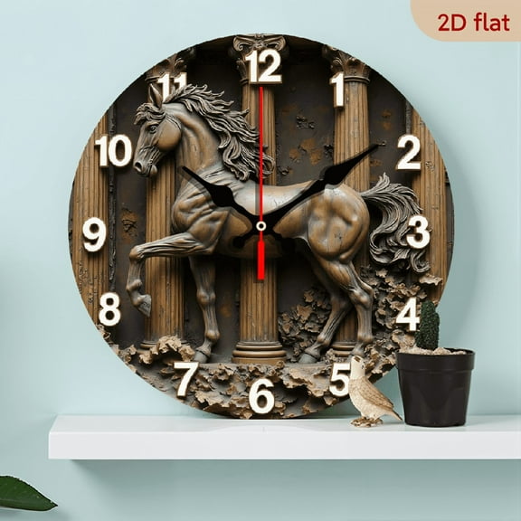 2D Flat 1pc 10Inch Copper Horse Wall Clock Wooden wall clock Silent Sports Battery Powered AA Battery Free Art Home Decor Comfortable bedroom atmosphere Perfect for home decor