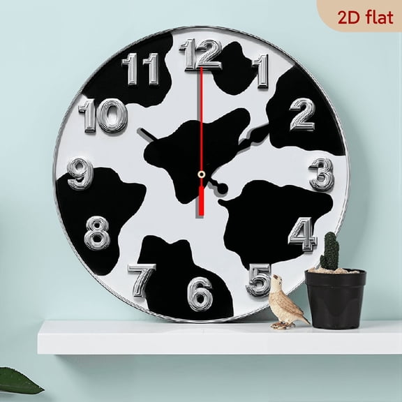2D Flat 1pc 10Inch Cow Print Wooden Wall Clock - 254 cm Silent Japanese Quartz Movement, Non-Ticking, Battery Operated with AA, Ideal for Living Room, Bedroom, Farmhouse Decor
