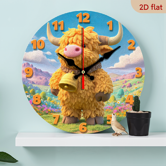 2D Flat, 1pc 10Inch Creative Highland Cow Cartoon-Style Silent Wall Clock - Wood Material, Digital Display, Round Shape, AA Battery Operated, Flat Crown, Single Battery Use, Home Office Decorative