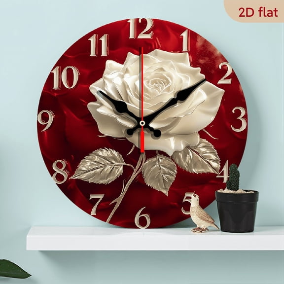 2D Flat 1pc 10Inch Crystal Rose Wooden Wall Clock - Farmhouse Style Round Decorative Clock with Red Background, White Rose Golden Leaves, Silent Non-Ticking Battery Operated (AA Not Included)