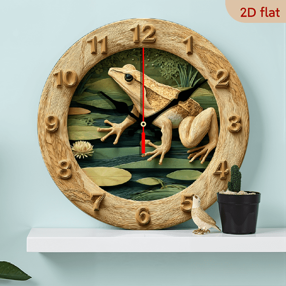 2D Flat, 1pc 10Inch Cute Frog Lily Pad Wall Clock - Silent Non-Ticking Quartz Mechanism, Wooden Round Clock Suitable for Room,, Bedroom, Living Room Decor - (No Batteries Included), 2D Flat