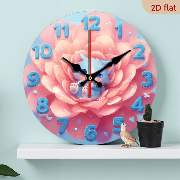 2D Flat, 1pc 10Inch Cute Pastel Pink Floral Blue kitten wall clock - Non-Ticking Silent Movement, Japanese Quartz Mechanism, Battery-Powered (AA Not Included) - Minimalist Modern Round Clock for L