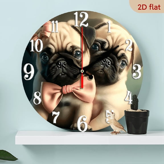 2D Flat 1pc 10Inch Cute Pug Dog Wooden Wall Clock, 10-Inch Round Battery Operated Clock for Home, Office, and Bedroom Decor