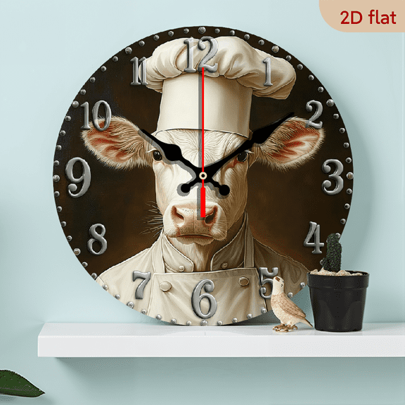 2D Flat 1pc 10Inch Cute chef cow Silent wooden Wall Clocks, Wooden Frame, Perfect for Home, Kitchen, Pool or Bathroom Decor, fall home decor, Vibrant Artwork Clock, Fine Craftsmanship