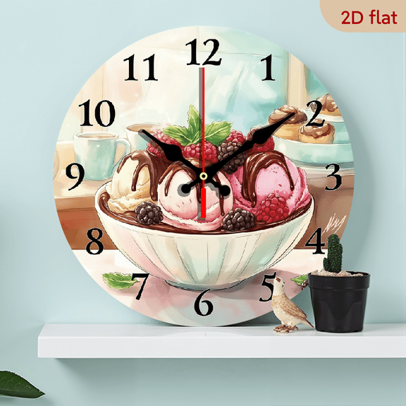 2D Flat 1pc 10Inch Dessert-themed Wall Clock with Ice Cream and Berries, Wooden Home Silent Wall Clock 2D Flat Printing, Suitable for Decorating Restaurants, Kitchens, and Cafes, Easter, Valentine