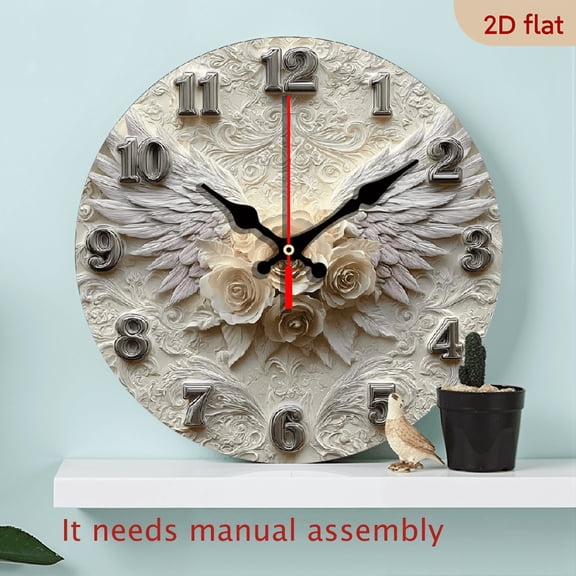 2D Flat 1pc 10Inch Elegant Angel Wing Wooden Wall Clock - Large Easy-to-Read Black Hands, Japanese Quartz Movement, Minimalist Modern Round Clock for Living Room, Bedroom, Kitchen, Office - Home