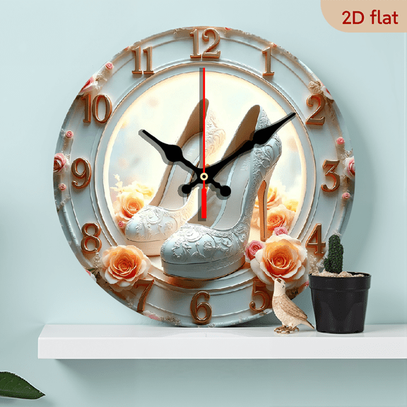 2D Flat 1pc 10Inch Elegant Floral Wedding Clock with Women's High Heel Design Vintage Beige and Gold Large Dial, Silent Non Ticking Mechanism, Japanese Movement, Wooden Round Wall Clock