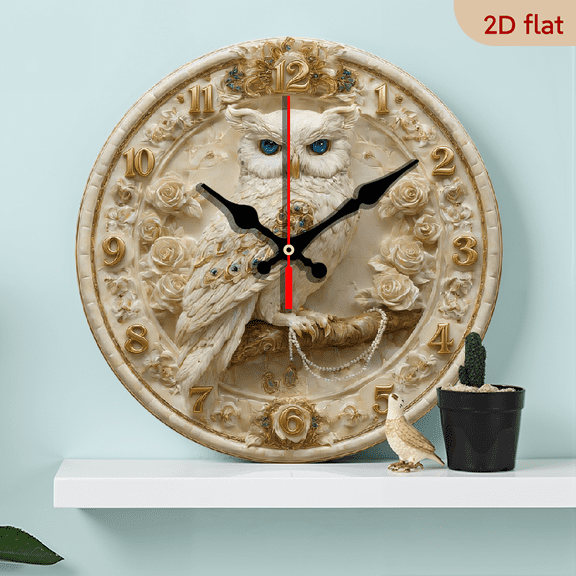 2D Flat, 1pc 10Inch Elegant Owl Wall Clock - Silent Wood Veneer Round Clock with Intricate Owl Floral Design, Battery Operated (AA Battery Not Included) - Perfect for Living Room, Study, or Gift f