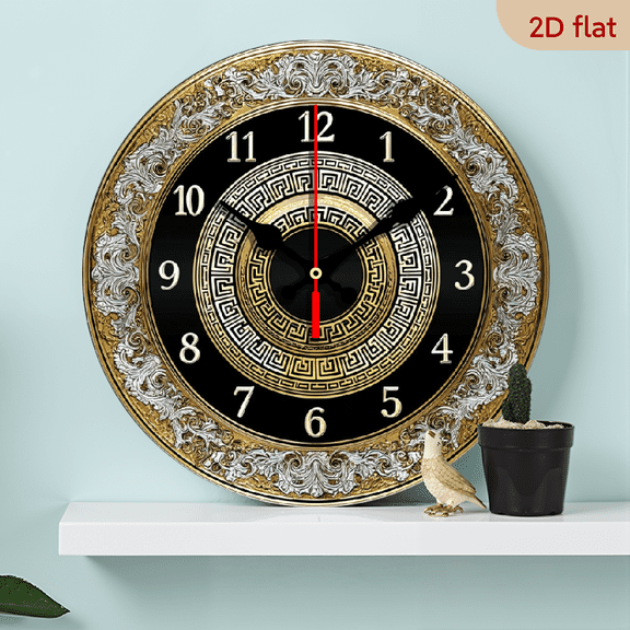 2D Flat, 1pc 10Inch Elegant Round Wooden Wall Clock with a Silent Greek Key Golden Pattern, Perfect for The Living Room, Bedroom, Kitchen, And Office
