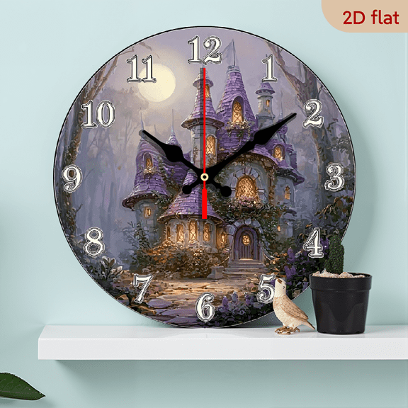 2D Flat 1pc 10Inch Enchanted Forest Fantasy Cottage Wall Clock - Non-Ticking Wooden Round Clock with Purple Roof Green Door Design, Battery Operated for Living Room, Kitchen, Office
