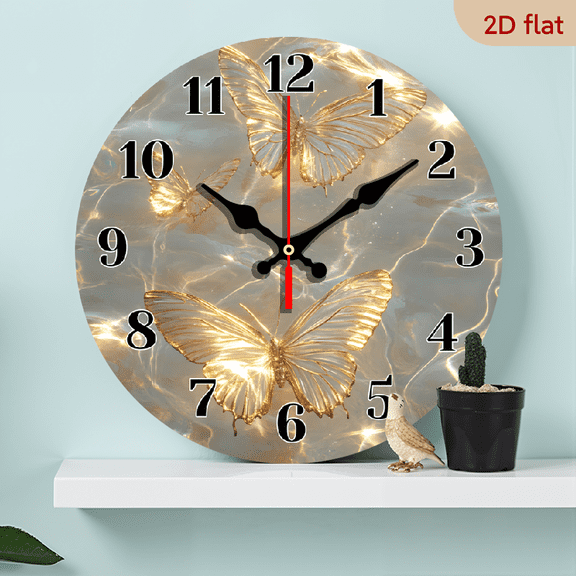 2D Flat 1pc 10Inch Fantasy Golden Butterfly Wall Clock, Battery Operated, Wooden Frame, Analog Display, Ideal for Living Room, Bedroom, Kitchen, Office Decor