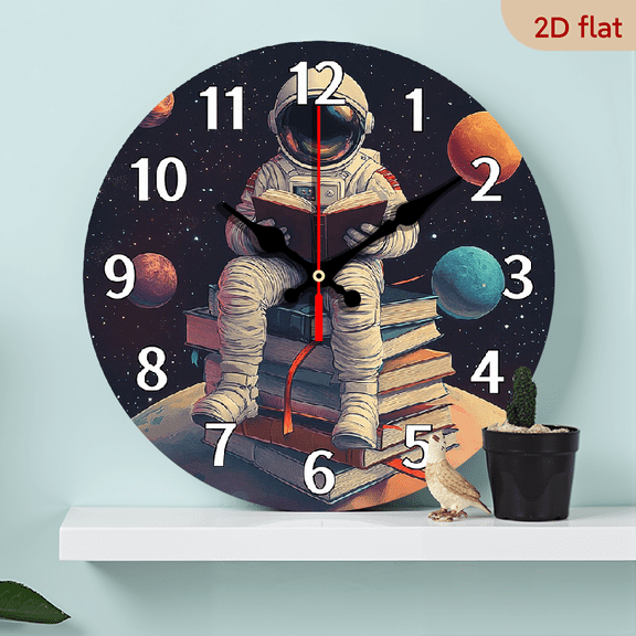 2D Flat 1pc 10Inch Fantasy Space Themed Wall Clock with Astronaut Reading on Books Silent Battery Powered Analog Timepiece, Wooden Frame, Perfect for Study or Bedroom Decor, Ideal Gift for Science