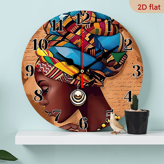 2D Flat 1pc 10Inch Fantasy Themed Wooden Wall Clock with African Style Woman in Headscarf Design, Battery Operated Silent Clock, Suitable for Living Room, Bedroom, Kitchen Decoration
