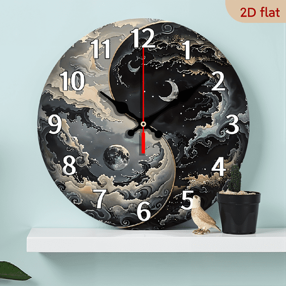 2D Flat 1pc 10Inch Fantasy Themed Wooden Wall Clock with Yin Yang and Moon Clouds Design, Silent Clock, Suitable for Study Room, Living Room Decor, Perfect for Various Festivals