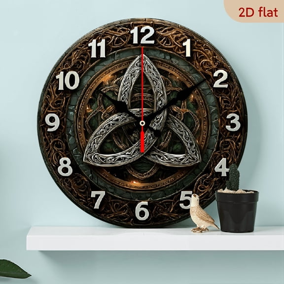 2D Flat 1pc 10Inch Fantasy themed wooden wall clock, designed with Celtic - knot - triquetra pattern, silent quartz clock, suitable for living room, bedroom, kitchen, office decoration, modern