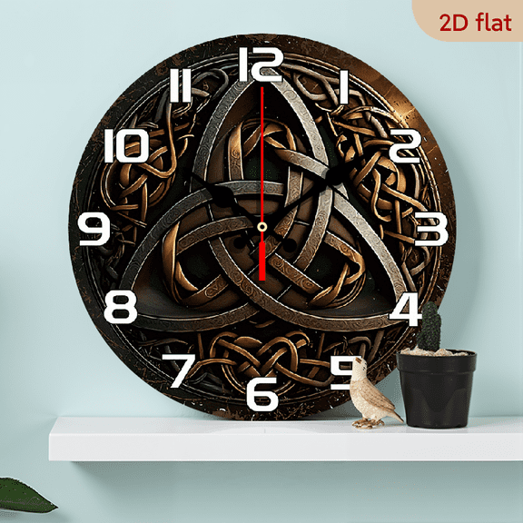 2D Flat 1pc 10Inch Fantasy themed wooden wall clock, designed with Celtic - knot - triquetra pattern, silent quartz clock, suitable for living room, bedroom, office decoration, modern home ar