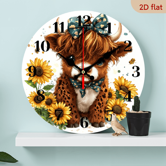 2D Flat, 1pc 10Inch Farm Themed Silent Wooden Wall Clock with Highland Cow and Sunflower Pattern Design, Battery Operated, Suitable for Living Room, Bedroom, Kitchen, Office Decoration, a Lovely G
