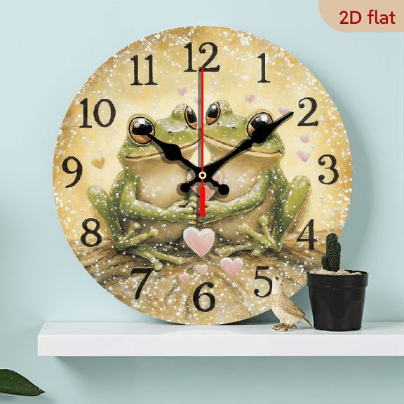 2D Flat, 1pc 10Inch Frog-Themed Wooden Round Wall Clock, Farmhouse Style Home Decor for Kitchen, Bedroom, Office, Easy to Read, No Ticking Sound, Battery Not Included