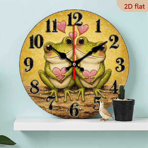 2D Flat, 1pc 10Inch Frog-Themed Wooden Round Wall Clock, Farmhouse Style Home Decor for Kitchen, Bedroom, Office, Easy to Read, No Ticking Sound, Battery Not Included