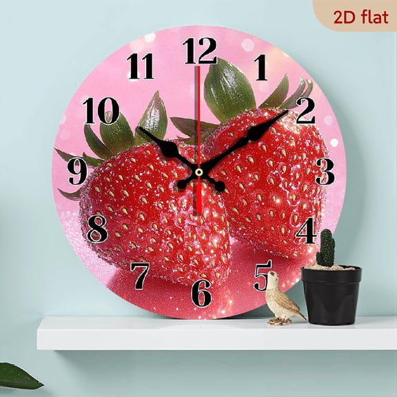 2D Flat 1pc 10Inch Fruit Themed Silent Wooden Wall Clock with Strawberry Design, Battery Operated, Ideal for Living Room, Bedroom, Kitchen, Office Decor, Perfect Birthday or Holiday Gift