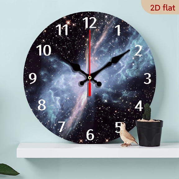 2D Flat 1pc 10Inch For Galaxy Night Sky Quartz Wall Clock Round Wooden Frame with Starry Nebula Design, Battery Operated (AA Not Included) for Bedroom, Living Room, Office, Kitchen Bathroom Decor