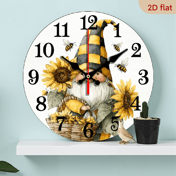 2D Flat, 1pc 10Inch Gnome Wall Clock with Sunflowers, Bees, Yellow Hat - Rustic Farmhouse Decor, Artificial Wood Round Clock for Living Room, Bedroom, Kitchen, Office - Birthday, Easter, Mother's
