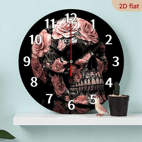 2D Flat 1pc 10Inch Gothic Wooden Wall Clock Silent Non Ticking Skull with Pink Roses, Battery Powered Round Clock for Living Room, Gothic Bedroom Dark Decor with Floral Roses AA Batteries
