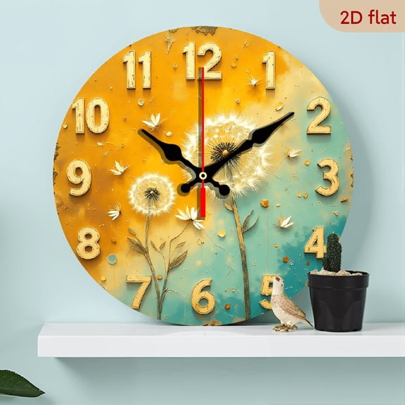 2D Flat 1pc 10Inch Gradient background dandelions wooden Wall Clocks, mute, Wooden Frame, Perfect for Home, Pool or Bathroom Decor, Home Wall Decoration, Vibrant Artwork Clock, Fine Craftsmanship