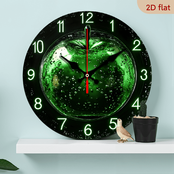 2D Flat, 1pc 10Inch Green Apple-Themed Silent Wooden Wall Clock, 10Inch Round Farmhouse Decor for Kitchen, Bedroom, Office - Easy to Read, No Ticking, AA Battery Not Included, Kitchen Wall DecorDe