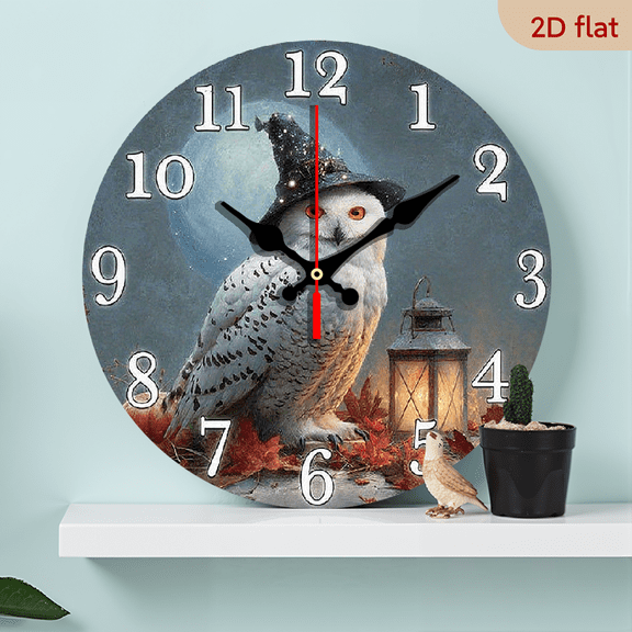 2D Flat 1pc 10Inch Halloween Owl Lantern Wooden Wall Clock - Non-Ticking, Battery Operated, Spooky Forest Design with Lantern for Living Room, Bedroom, Kitchen, Entryway, Office Decor