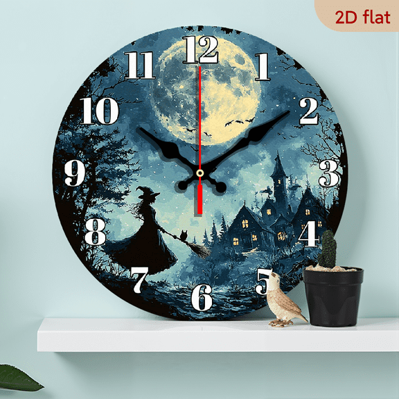 2D Flat 1pc 10Inch Halloween Witch, Full Moon, Bats, Silent Non-Ticking Clock - Gothic Wall Decor for Living Room, Bedroom, Bathroom - Perfect Halloween, Christmas, Birthday Gift