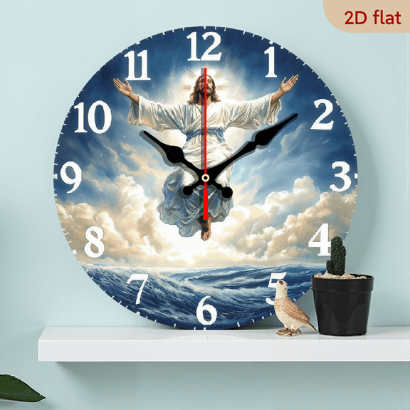 2D Flat 1pc 10Inch Jesus Theme Wooden Round Wall Clock, Silent Movement, Easy-to-Read, Farmhouse Style Home Decor for Kitchen, Bedroom, Office, Battery Operated, No Batteries Included